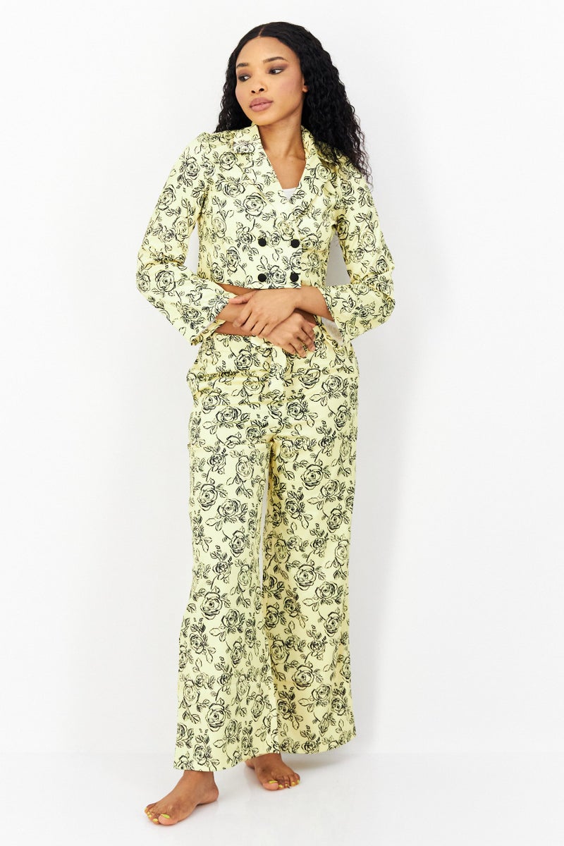 LOST INK Women 2 Piece Oversize Floral Print Long Sleeve Pyjama Set, Yellow - Image 1