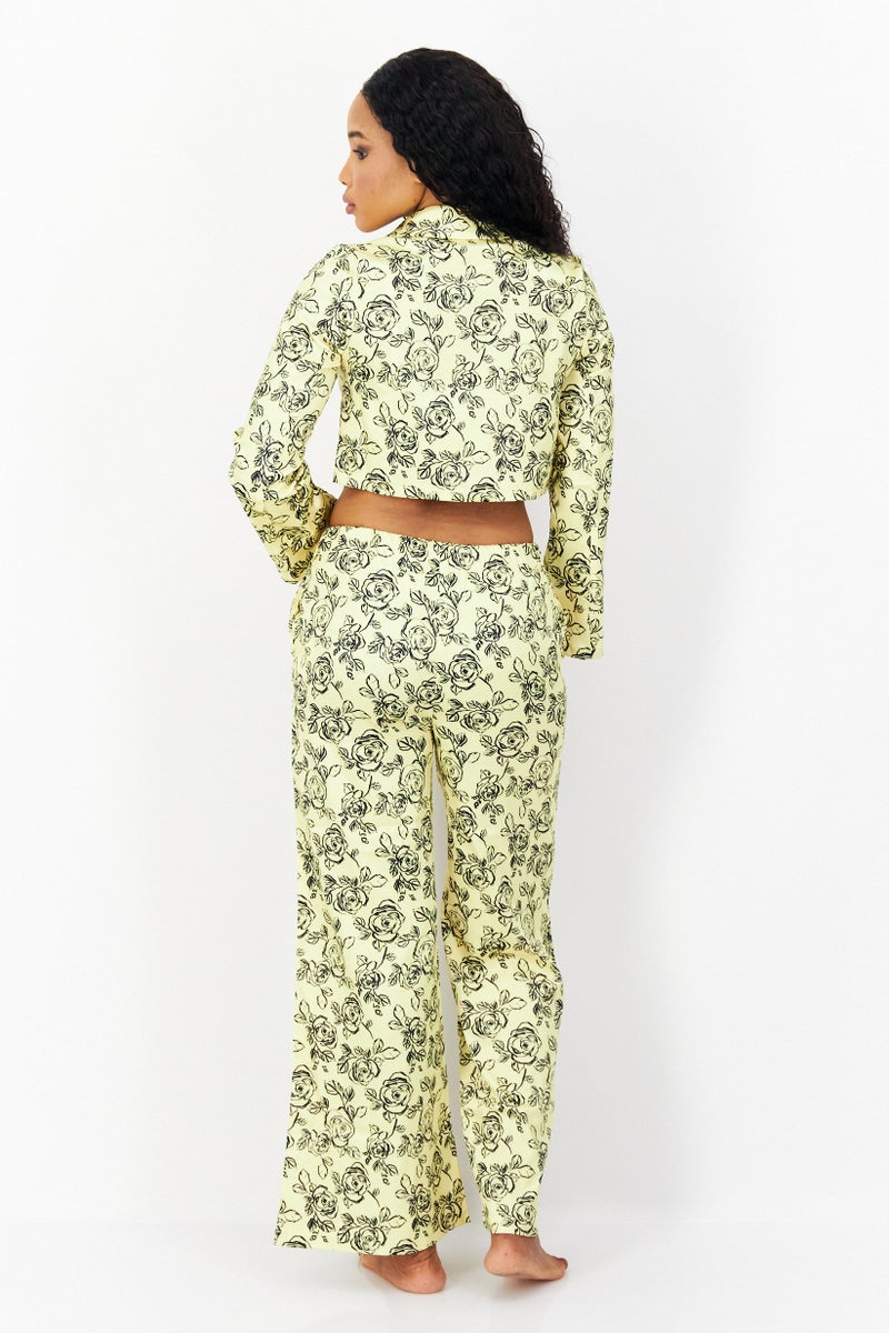 LOST INK Women 2 Piece Oversize Floral Print Long Sleeve Pyjama Set, Yellow - Image 3