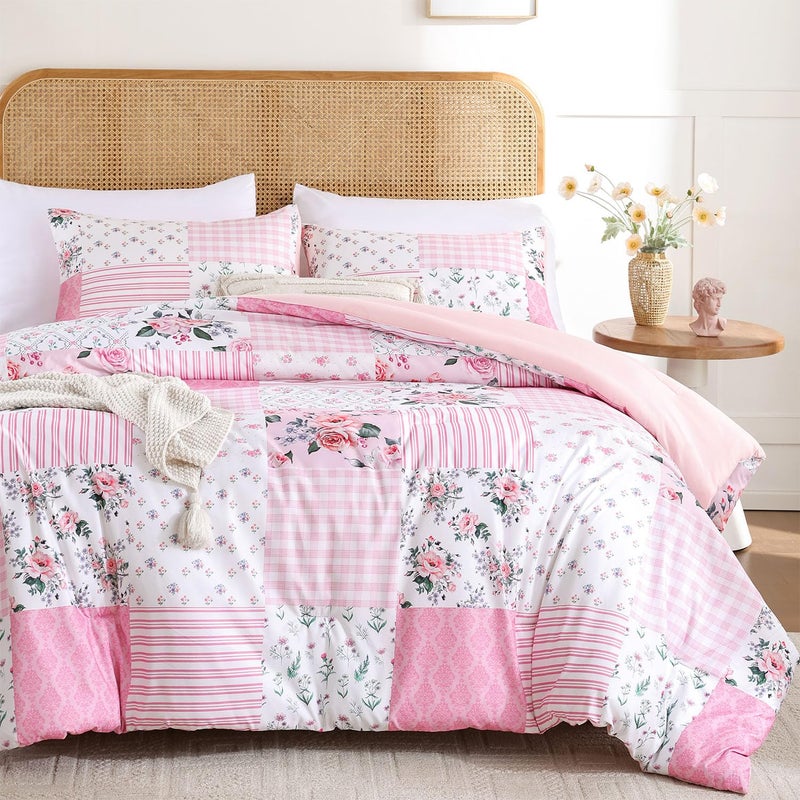 YIKUSH Full Comforter Set - Pink Spring Floral Comforter Full Size Patchwork Flower Cozy Bedding Set 3 Pieces for All Season, Cute Pattern 1 Comforter (79"x90") and 2 Pillow Shams (20"x26") - Image 1