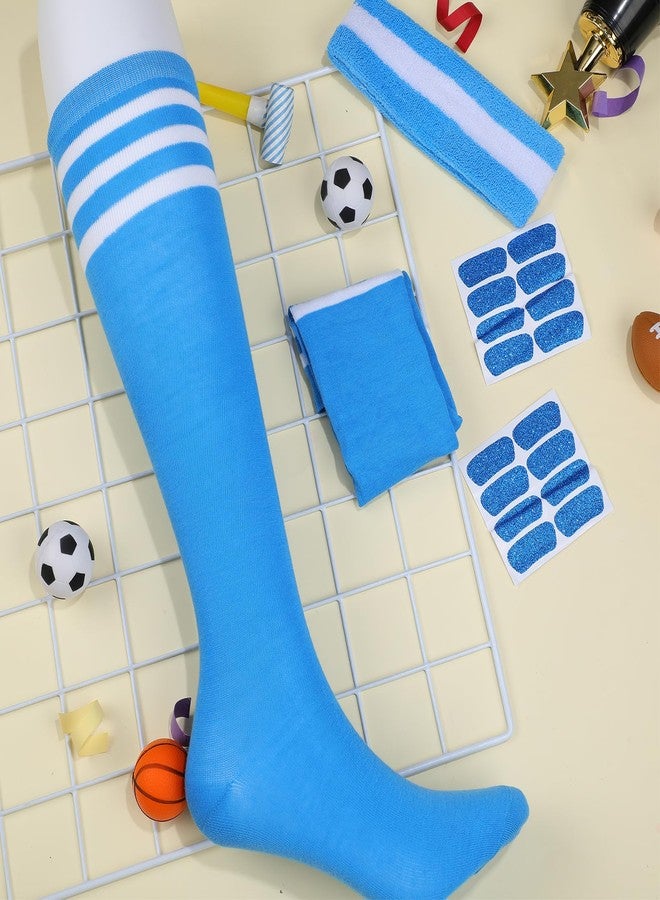 Shyyween Blue 18 Pcs Knee High Socks Headbands Glitter Eye Stickers for Sports Team Spirit Wear Accessories - Image 2