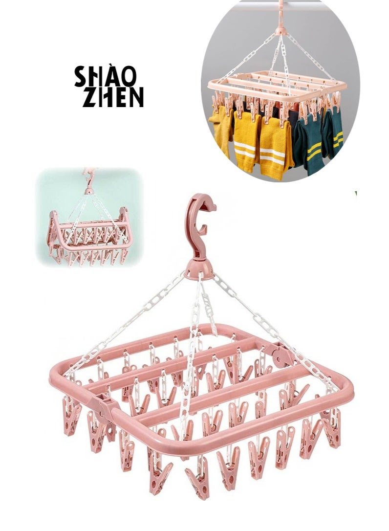 SHAOZHEN Sock Airer with 32 Clips, Indoor and Outdoor Clothes Hanging Airer, Folding Rotary Clothes Airer for Socks, Underwear and Small Clothes (Pink) - Image 1