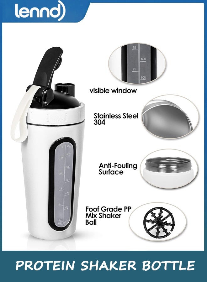 LENND Protein Shaker Bottle, Protein Shaker Cup with shaker ball, Visible Window, Stainless Steel Shaker Bottle Leak Proof (WHITE) - Image 2