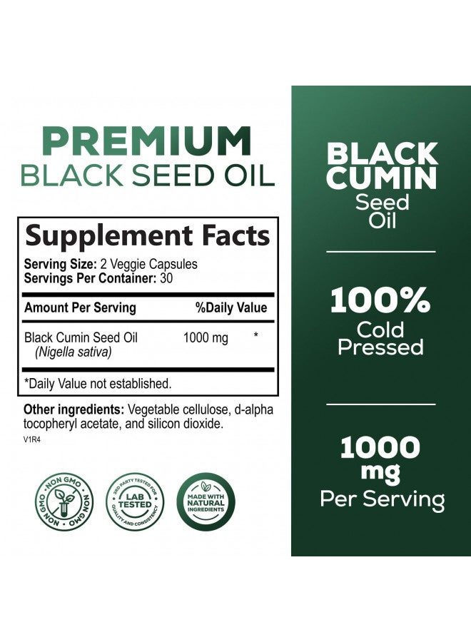 Nature's Nutrition Premium Black Seed Oil Capsules Vegan Cold-Pressed 1000mg - Extra Strength Nigella Sativa Black Seed Oil, Nature's Pure Black Cumin Seed Oil for Immune, Hair and Brain Support, Non-GMO - 60 Capsules - Image 2