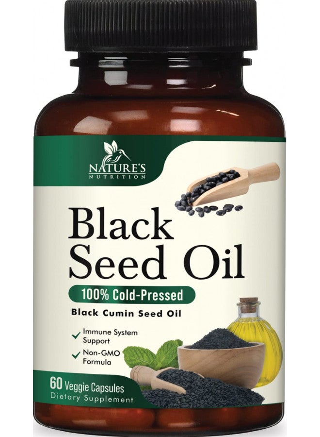 Nature's Nutrition Premium Black Seed Oil Capsules Vegan Cold-Pressed 1000mg - Extra Strength Nigella Sativa Black Seed Oil, Nature's Pure Black Cumin Seed Oil for Immune, Hair and Brain Support, Non-GMO - 60 Capsules - Image 1