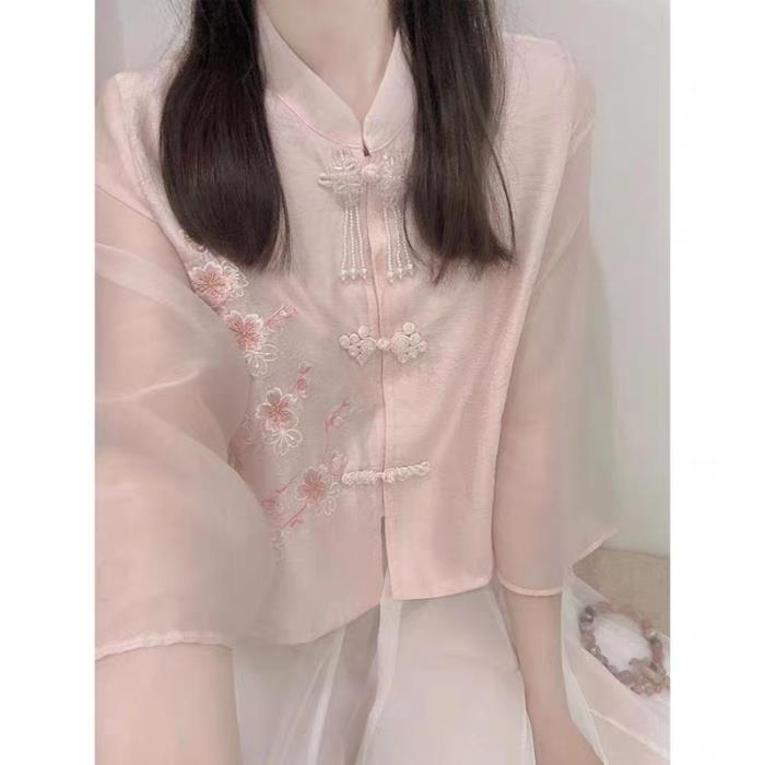 Pink National Style New Chinese Style Womens Embroidered Shirt Womens 2023 Summer Loose New Style Top Coat Improved Hanfu Pink Top (Lined)#5117 (One Piece)
