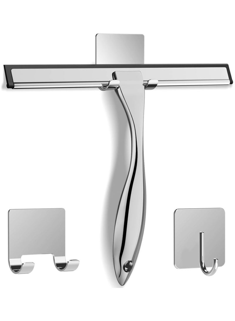 MarlaMall Shower Squeegee for Shower Glass Door with 2 Adhesive Hooks,Stainless Steel Bathroom Cleaner Tool Household Window Mirror Squeegee, Cleaning Tile Wall, Car, 10 Inch (Silver) - Image 1