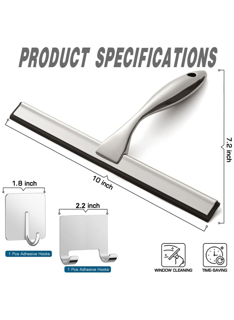 MarlaMall Shower Squeegee for Shower Glass Door with 2 Adhesive Hooks,Stainless Steel Bathroom Cleaner Tool Household Window Mirror Squeegee, Cleaning Tile Wall, Car, 10 Inch (Silver) - Image 2