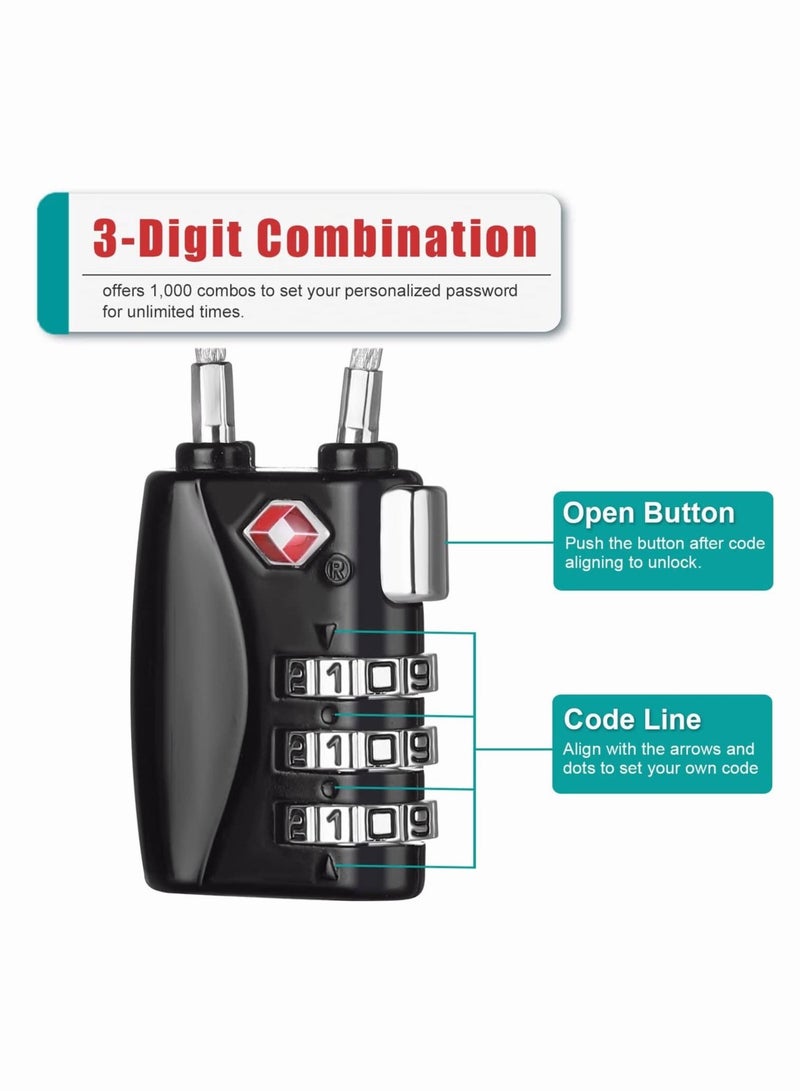 Luggage Padlocks TSA Approved,  Customs Lock, Mini Luggage Padlock, Flexible Cable Travel Locks, Coded Suitcase Lock, Small Gym Locker Padlock with 3 Digit Combination (Black, 2 Pack) - Image 3