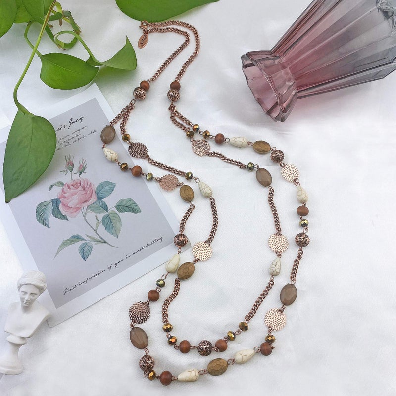 Bocar Long Necklaces for Women Trendy, Boho Layered Crystal Beaded Collar Necklaces for Women, Fashion Statement Necklaces Jewelry (Brown) - Image 4