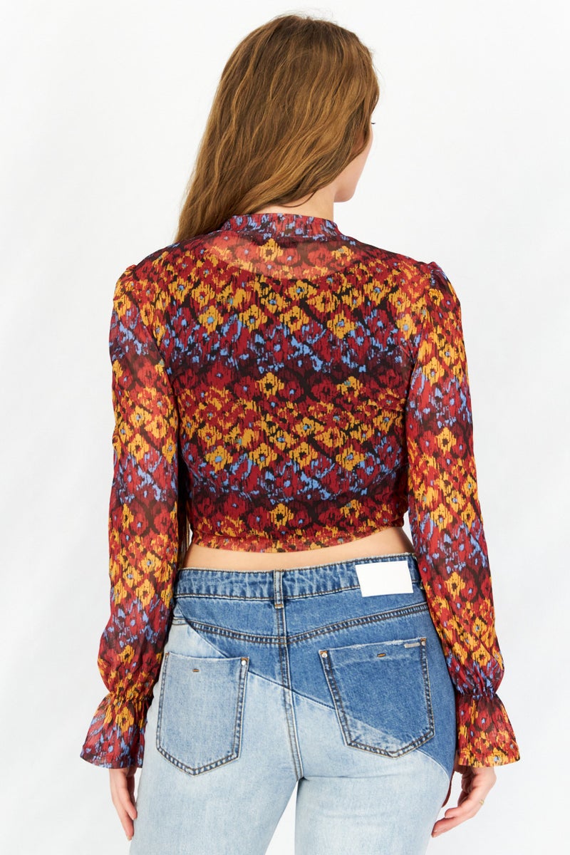 Sinsay Women High Neck Long Sleeves Textured Blouse, Red Combo  - Image 3