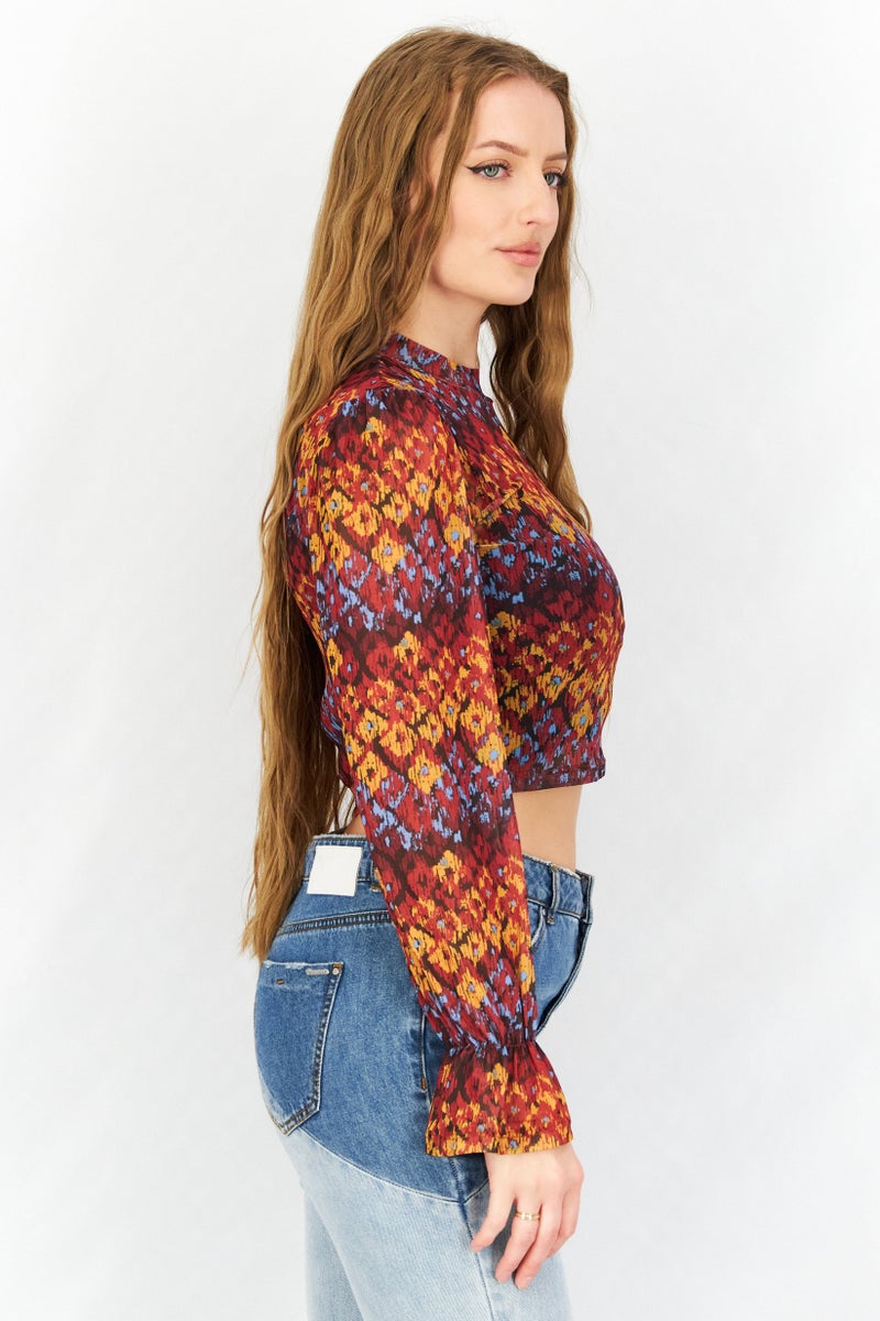Sinsay Women High Neck Long Sleeves Textured Blouse, Red Combo  - Image 4