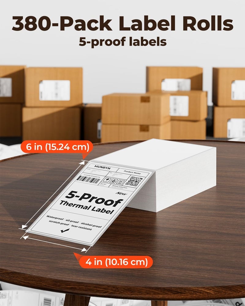 MUNBYN 4"x6" Direct Thermal Shipping Labels, Durable Waterproof, Oil-Proof, Scratch-Proof, Alcohol-Resistant, Tear-Resistant Label Paper for Thermal Printers, Packages, 380 Sheets/Fanfold - Image 2
