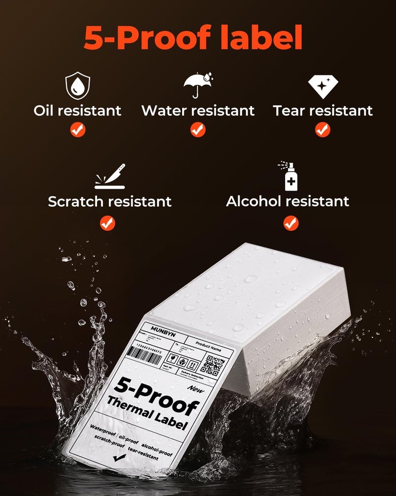 MUNBYN 4"x6" Direct Thermal Shipping Labels, Durable Waterproof, Oil-Proof, Scratch-Proof, Alcohol-Resistant, Tear-Resistant Label Paper for Thermal Printers, Packages, 380 Sheets/Fanfold - Image 3