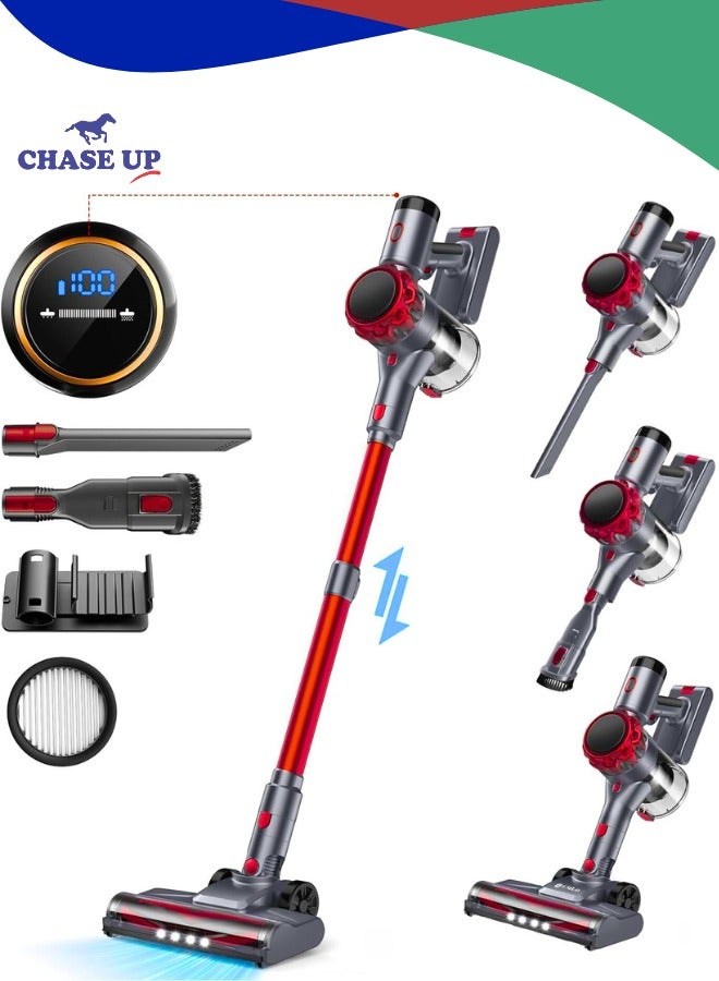 Chase Up Cordless Vacuum Cleaner, 45kPa Powerful Stick Vacuum, LED Display, 55-Min Runtime Rechargeable Cordless Vacuum, Free-Standing, Vacuum Cleaners for Home Pet Hair Carpet Hard Floor-S3P Red - Image 1