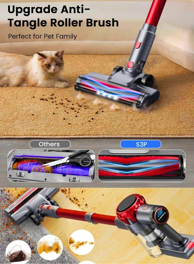 Chase Up Cordless Vacuum Cleaner, 45kPa Powerful Stick Vacuum, LED Display, 55-Min Runtime Rechargeable Cordless Vacuum, Free-Standing, Vacuum Cleaners for Home Pet Hair Carpet Hard Floor-S3P Red - Image 3