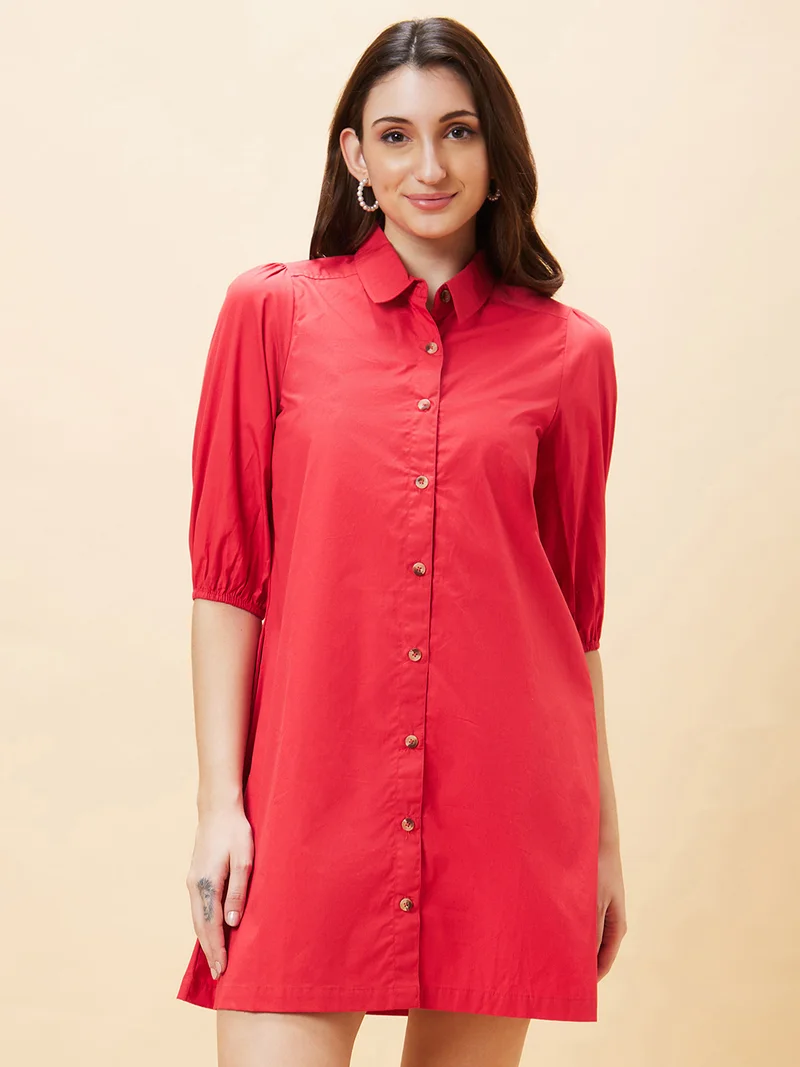 globus Women Red Shirt Collar Puff Sleeve Pure Cotton Shirt Dress