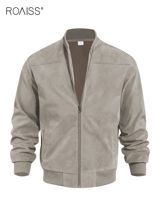roaiss Men's Vintage Jacket with Pockets, Ribbed Collar Casual Jacket with Zipper, Solid Color Suede Cardigan for Everyday Wear, L-XXL - Image 1