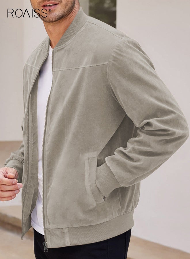 roaiss Men's Vintage Jacket with Pockets, Ribbed Collar Casual Jacket with Zipper, Solid Color Suede Cardigan for Everyday Wear, L-XXL - Image 4