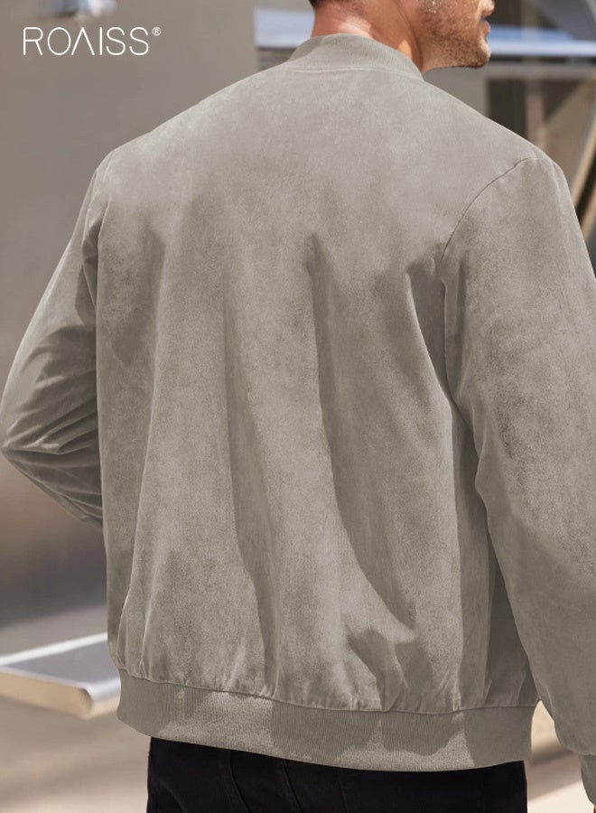 roaiss Men's Vintage Jacket with Pockets, Ribbed Collar Casual Jacket with Zipper, Solid Color Suede Cardigan for Everyday Wear, L-XXL - Image 3