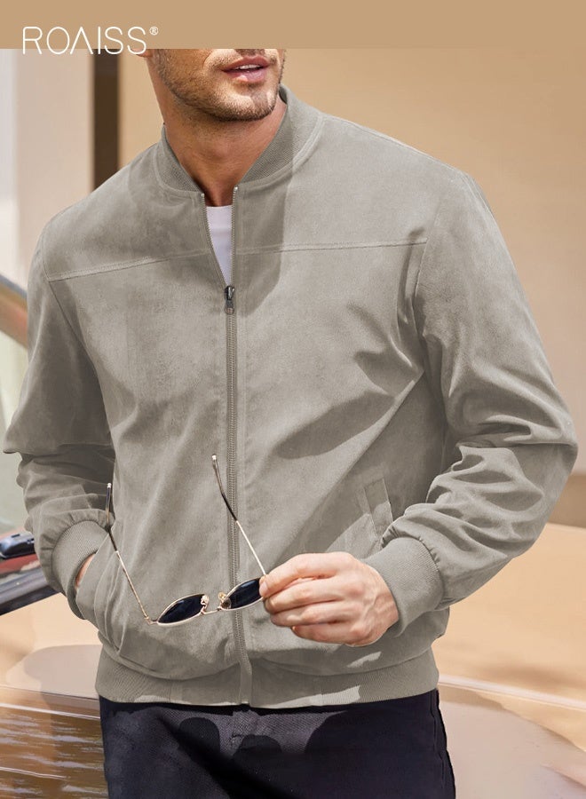 roaiss Men's Vintage Jacket with Pockets, Ribbed Collar Casual Jacket with Zipper, Solid Color Suede Cardigan for Everyday Wear, L-XXL - Image 2