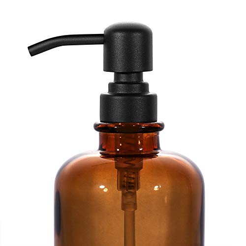 CHBJDAN 2 PCS Thick Amber Glass Jar Soap Dispenser with Matte Black Stainless Steel Pump, 12ounce Boston Round Bottles Dispenser with Rustproof Pump for Essential Oil (Matte Black) - Image 4
