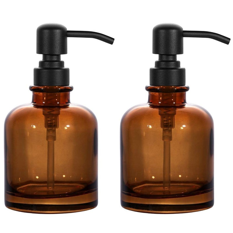 CHBJDAN 2 PCS Thick Amber Glass Jar Soap Dispenser with Matte Black Stainless Steel Pump, 12ounce Boston Round Bottles Dispenser with Rustproof Pump for Essential Oil (Matte Black) - Image 5