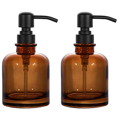 CHBJDAN 2 PCS Thick Amber Glass Jar Soap Dispenser with Matte Black Stainless Steel Pump, 12ounce Boston Round Bottles Dispenser with Rustproof Pump for Essential Oil (Matte Black) - Image 1