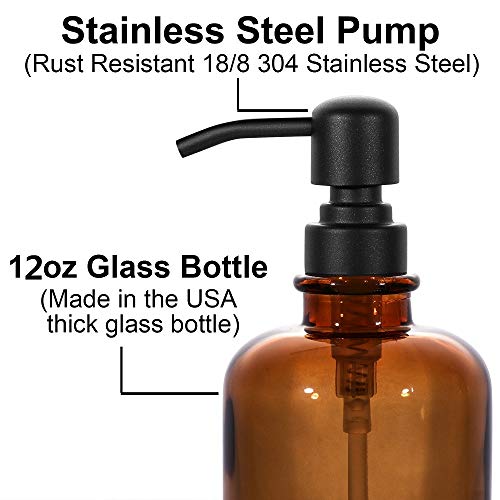 CHBJDAN 2 PCS Thick Amber Glass Jar Soap Dispenser with Matte Black Stainless Steel Pump, 12ounce Boston Round Bottles Dispenser with Rustproof Pump for Essential Oil (Matte Black) - Image 2