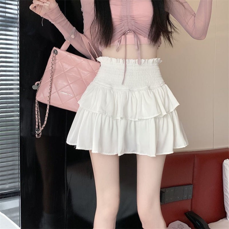 French Autumn and Winter fleece-lined Thickened Warm Lace Cake New High Waist Stitching Slimming Skirt Long Skirt White hot style short skirt