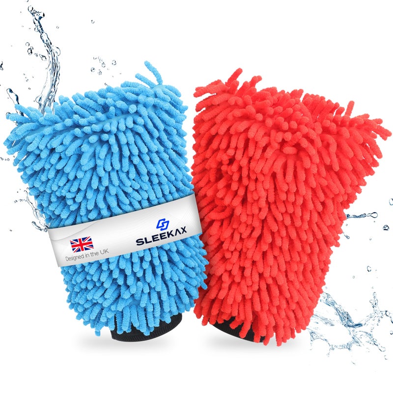 SLEEKAX Microfibre Car Wash Mitt - Ultra-Soft, Super Absorbent & Scratch-Free Wash Mitt Glove for Car Washing, Lightweight & Durable, Safer Than Sponge & Wash Cloths, Effectively Traps Dirt-2 Pack - Image 1