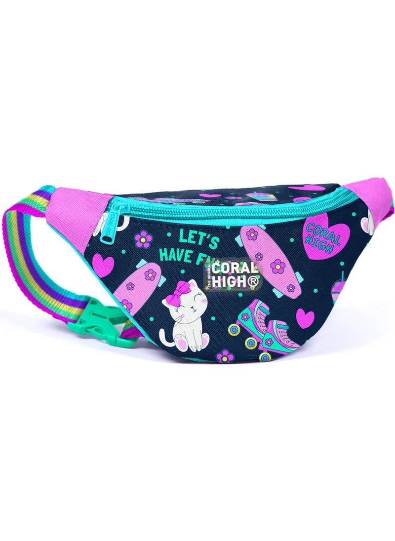 CORAL HIGH Kids Navy Blue Pink Cat Skate Pattern Waist Bag 11534
