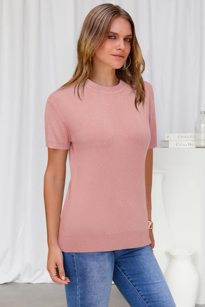 Arach&Cloz Womens Summer Tops Short Sleeve Pullover Sweaters Crew Neck Business Casual Tops Trendy 2026 Sakura Pink - Image 5