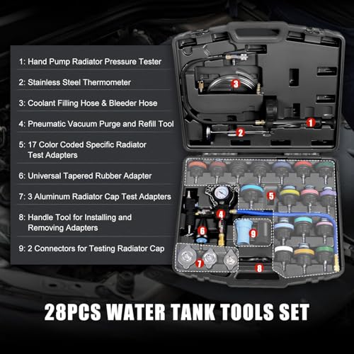JIFETOR Radiator Coolant Pressure Tester Vacuum Refill Tool Kit, 28PCS Automotive Cooling System Leak Test and Pneumatic Purge Fill Set with Testing Adapter Caps Universal for Airlift Car Auto Truck - Image 2