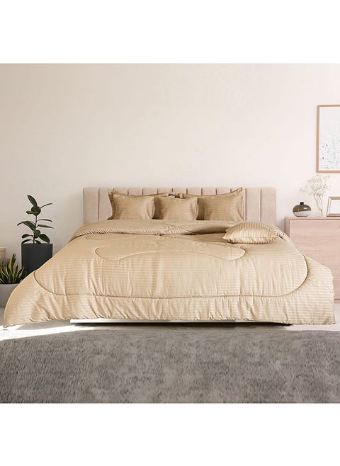 Satin Stripe 10-Piece King Comforter Set All Season Ultra Soft Fluffy Lightweight Microfiber Bedding Set Beige 240x260 cm