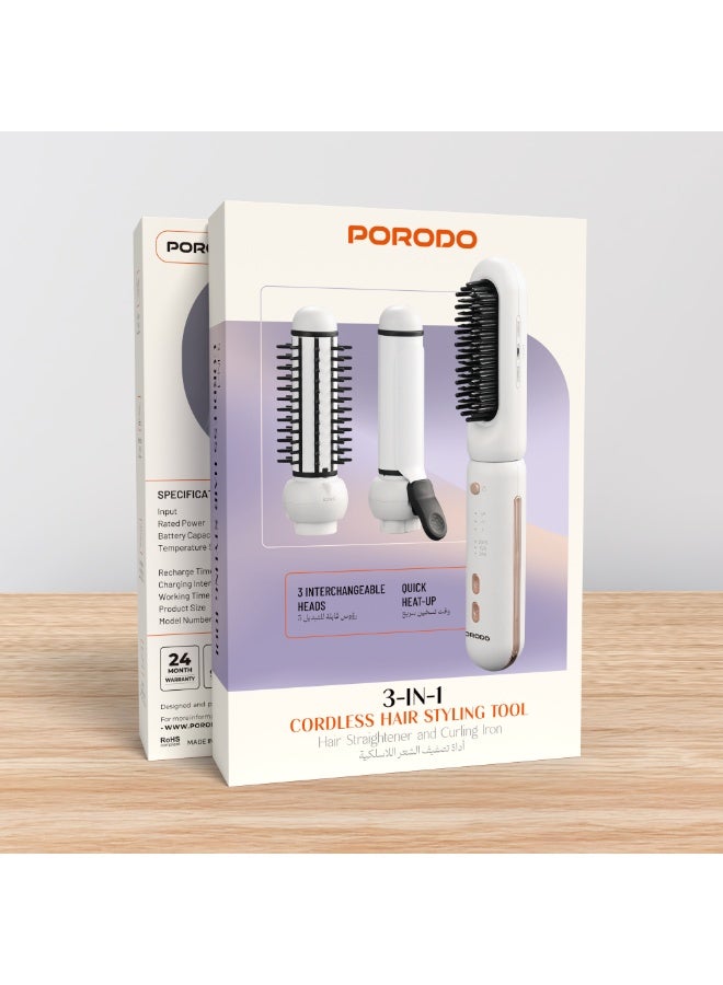 porodo 3 in 1 Cordless Hair Styling Tool / Hair Straightener & Curling Iron / 3 Replaceable Heads / 20 min Working Time / Compact & Travel Friendly / Heat Resistant Design - White - Image 5