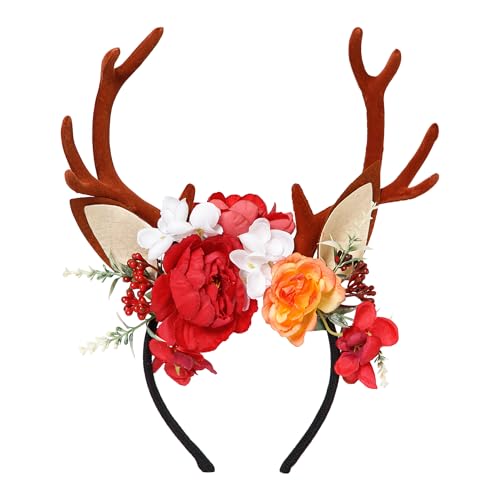 Radhu & Kabby Floral Antler Headband | Reindeer Hairband with White & Orange Flowers | Perfect for Christmas, Parties, Photoshoots & Cosplay | Pack of 1 - Image 1
