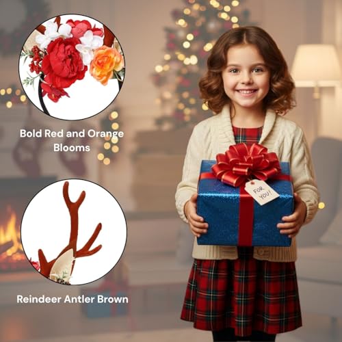 Radhu & Kabby Floral Antler Headband | Reindeer Hairband with White & Orange Flowers | Perfect for Christmas, Parties, Photoshoots & Cosplay | Pack of 1 - Image 2