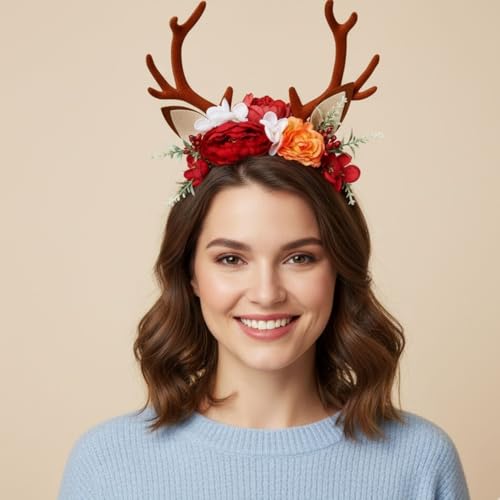 Radhu & Kabby Floral Antler Headband | Reindeer Hairband with White & Orange Flowers | Perfect for Christmas, Parties, Photoshoots & Cosplay | Pack of 1 - Image 3