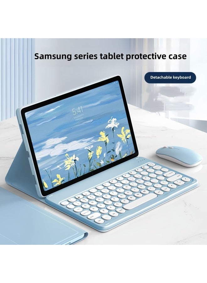Generic - For Samsung Tablet Protective Case S6Lite/A9Plus/S9FEPlus Round Cap Bluetooth Keyboard Pen Slot Leather Case-Color:White Ice Blue-leather Case + X3 Round Cap Keyboard + Bluetooth Mouse-Applicable Models:Samsung Tab S6 Lite [ 10.4inch ] - Image 1