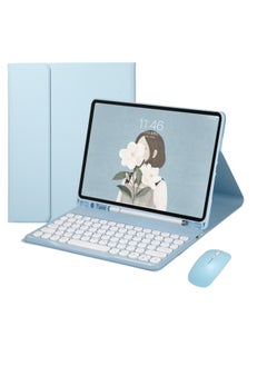 For Samsung Tablet Protective Case S6Lite/A9Plus/S9FEPlus Round Cap Bluetooth Keyboard Pen Slot Leather Case-Color:White Ice Blue-leather Case + X3 Round Cap Keyboard + Bluetooth Mouse-Applicable Models:Samsung Tab S6 Lite [ 10.4inch ]