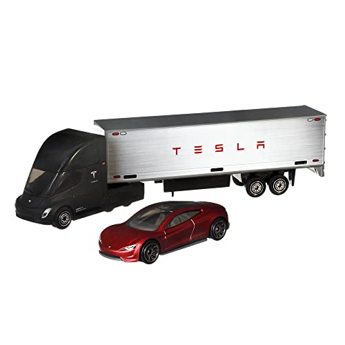 Matchbox Convoys Collectible Cars Die-cast Series - Inspired by Tesla Semi & Box Trailer and 2020 Roadster Gray, Red - Image 1