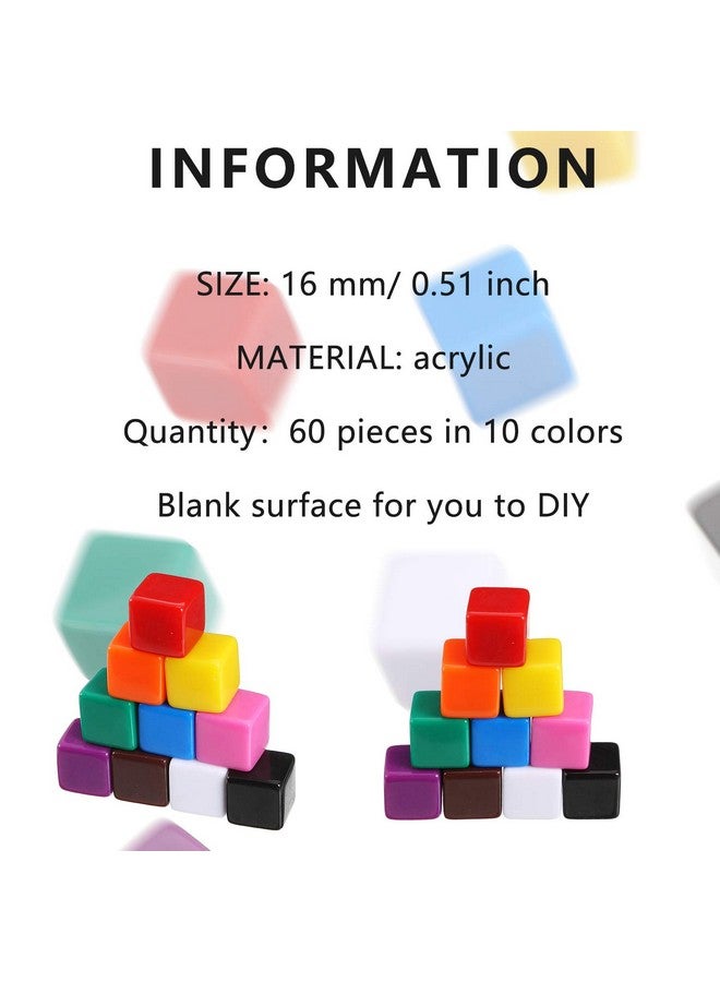 Gejoy 60 Pieces 16 mm Blank Dice Acrylic Dice Cubes Assorted Color DIY Cubes for Board Games with Storage Bag(Multicolor) - Image 5