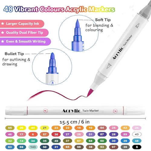 KLIFFOO 48 Colors Dual Tip Acrylic Paint Markers Set with Carrying Case For Painting Sketching Calligraphy Drawing, Permanent Colouring Marker Pens For Rock, Canvas, Wood, Glass, Ceramic, Fabric (48) - Image 3