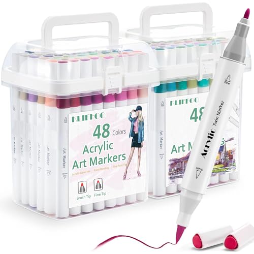 KLIFFOO 48 Colors Dual Tip Acrylic Paint Markers Set with Carrying Case For Painting Sketching Calligraphy Drawing, Permanent Colouring Marker Pens For Rock, Canvas, Wood, Glass, Ceramic, Fabric (48) - Image 1