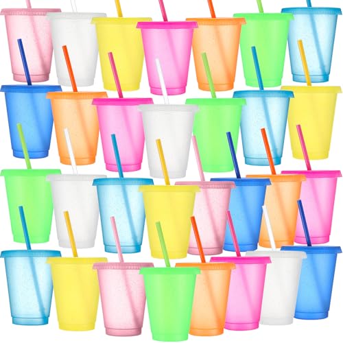 Sieral 30 Pack Cups with Lids and Straws Kids Tumbler with Straw Reusable Water Bottle Iced Coffee Travel Mug Adults Plastic Cups for Parties 16 oz (Clear Multicolor) - Image 1