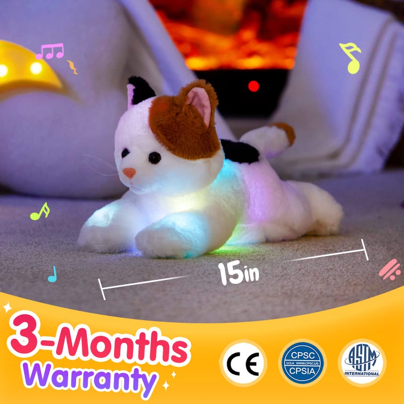 Glow Guards Light up Music Calico Cat Stuffed Animal LED Singing Kitty Soft Plush Toy Pillow with Night Lights Lullaby Birthday Children's Day Gifts for Toddler Kids  15'' - Image 5