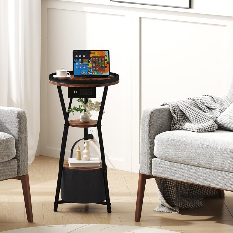 Yusong Round Side Table with Charging Station, Small Drink Table for Small Spaces, 3-Tier Industrial End Table, Accent Nightstand Bedside Table for Living Room, Bedroom, Sofa Couch, Rustic Brown - Image 2