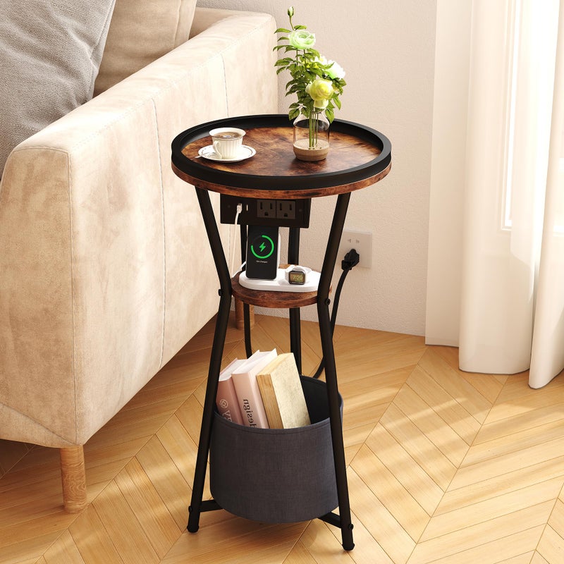 Yusong Round Side Table with Charging Station, Small Drink Table for Small Spaces, 3-Tier Industrial End Table, Accent Nightstand Bedside Table for Living Room, Bedroom, Sofa Couch, Rustic Brown - Image 1