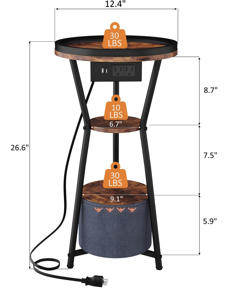Yusong Round Side Table with Charging Station, Small Drink Table for Small Spaces, 3-Tier Industrial End Table, Accent Nightstand Bedside Table for Living Room, Bedroom, Sofa Couch, Rustic Brown - Image 3