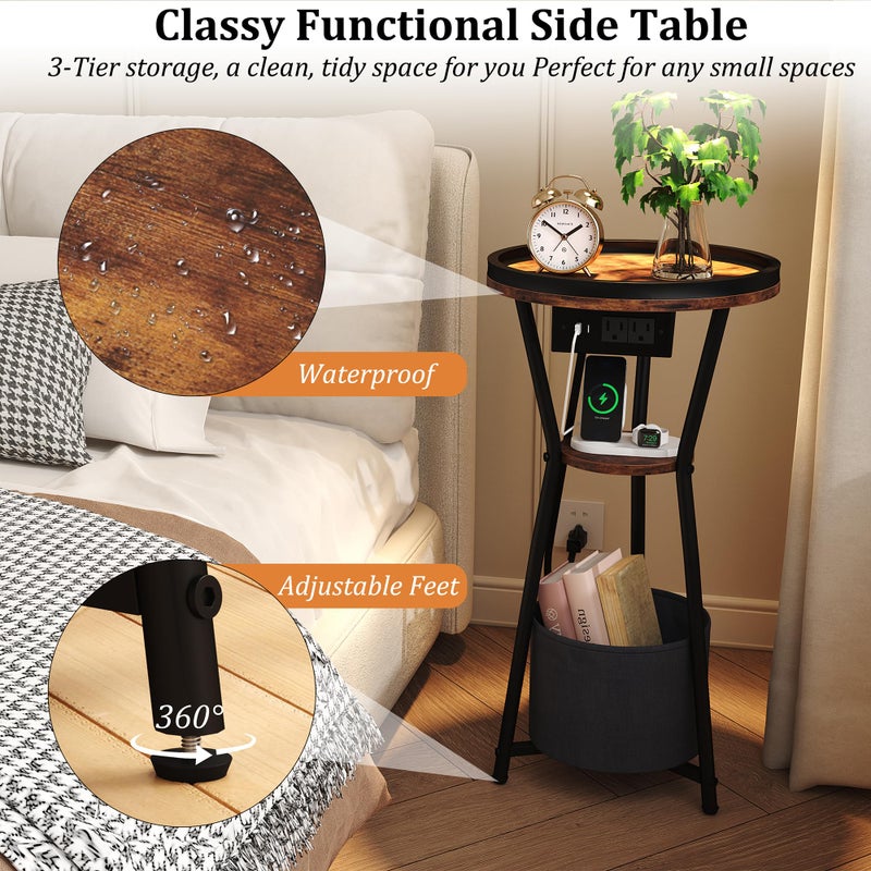 Yusong Round Side Table with Charging Station, Small Drink Table for Small Spaces, 3-Tier Industrial End Table, Accent Nightstand Bedside Table for Living Room, Bedroom, Sofa Couch, Rustic Brown - Image 4